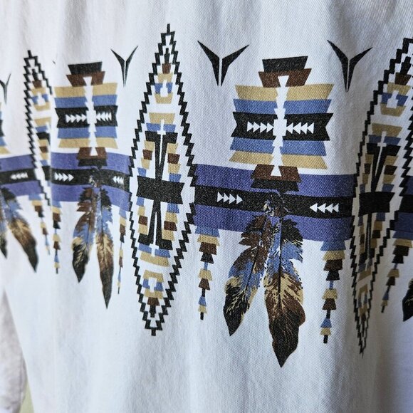 Adobe Rose VIntage 90s Western Two Tone White Blue Aztec Feather Button Shirt M - Picture 7 of 8